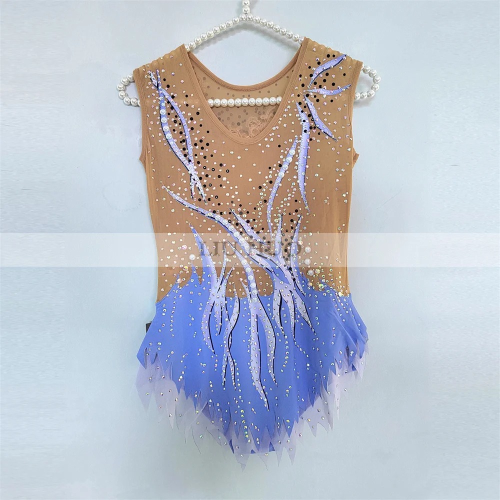 LIUHUO Rhythmic Gymnastics Leotard Customize Women Girl Teens Costume Performance Competition Skating Dress Sleeveless Blue