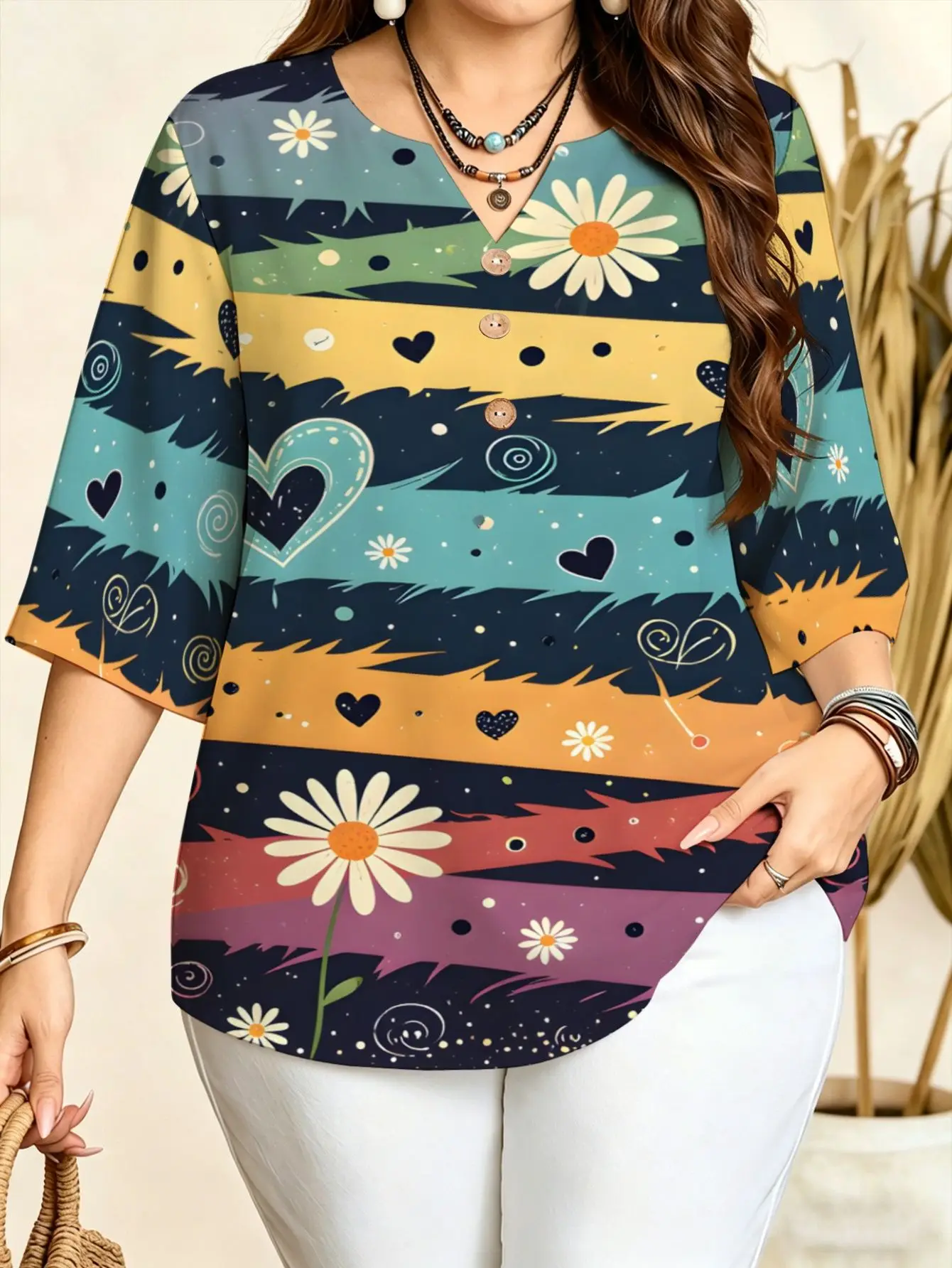 Geometric Patchwork Heart Daisy Colorful Sunflower Print Plus Size Blouses Notch V Neck 3/4 Sleeve Soft Loose Curvy Women