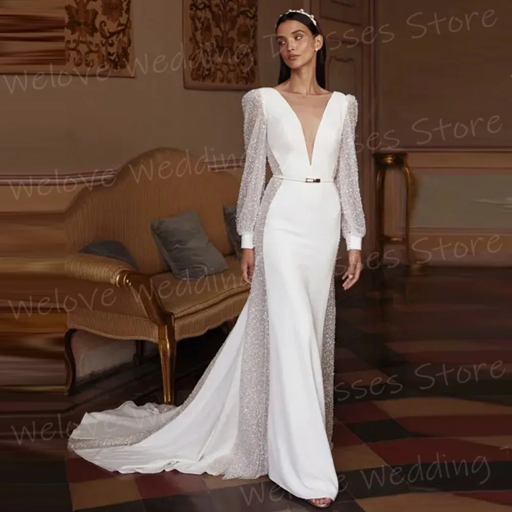 

Charming A Line Women's Wedding Dresses V Neck Long Sleeve Vestidos De Novias De Boda Customized Bride Gowns Backless Vestidos