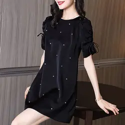 Elegant Shirring Bandage Bow Diamonds Mini Dress Women's Clothing 2023 Summer New Puff Sleeve Princess Dress