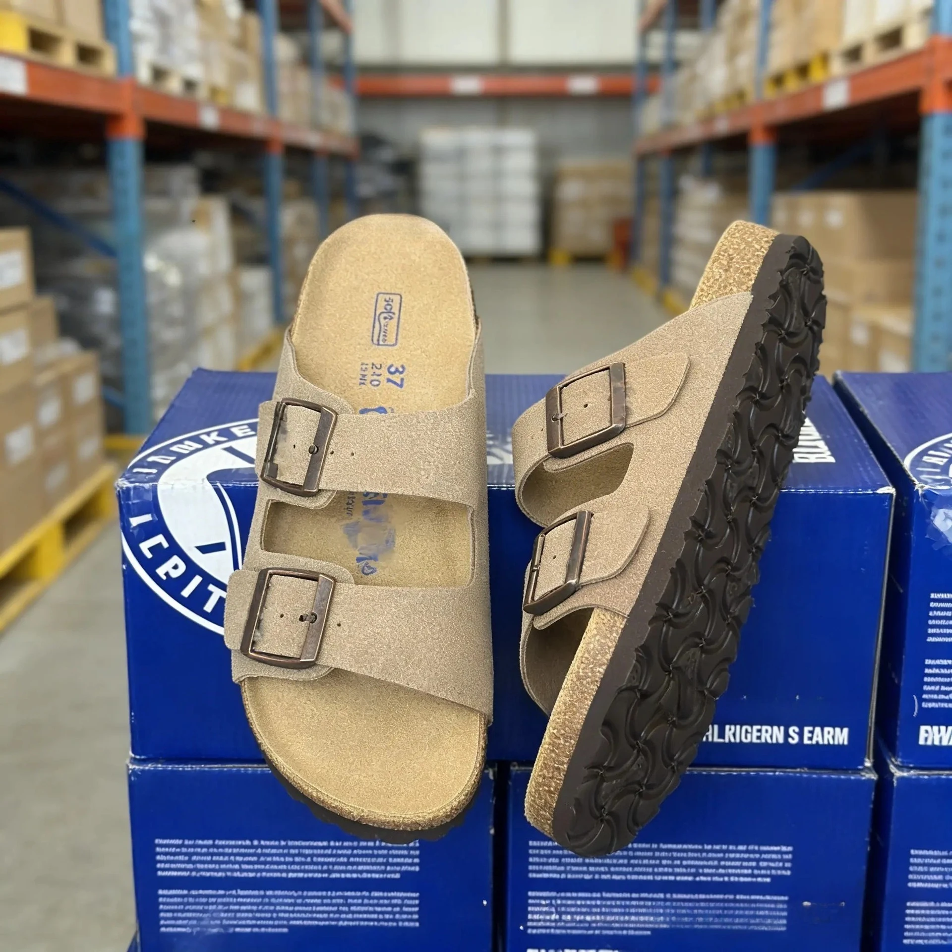 

Top layer cowhide double row two character buckle sandals, slippers, cork thick sole, autumn unisex