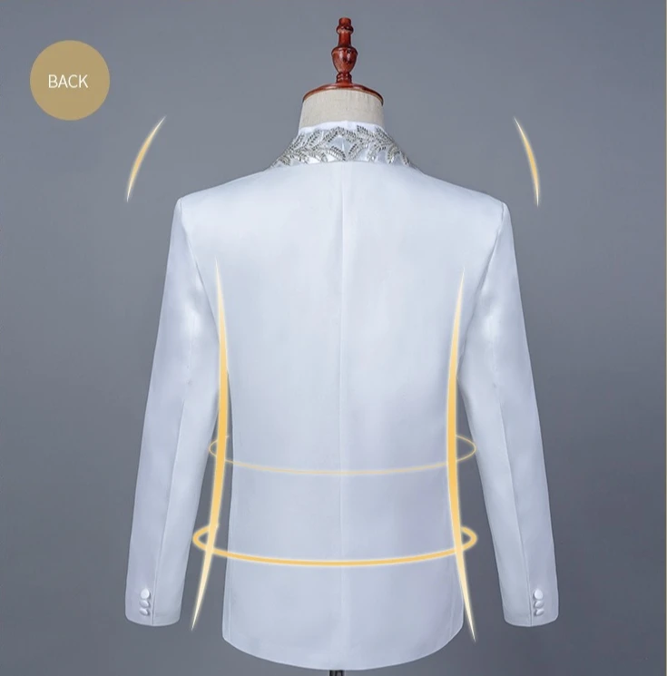 Chinese-style Men's White Embroidered Two-piece Suit Set, Featuring A Slim-fit Jacket and Trousers for Weddings and Parties.