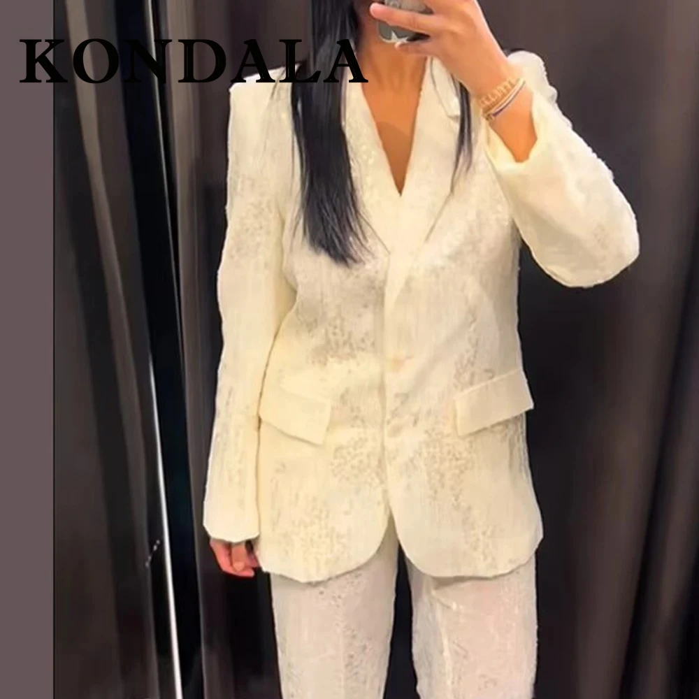 

KONDALA винтажный офисный женский костюм с пайетками, прямой однобортный пиджак + повседневные длинные брюки, модный элегантный комплект 2025, Mujer