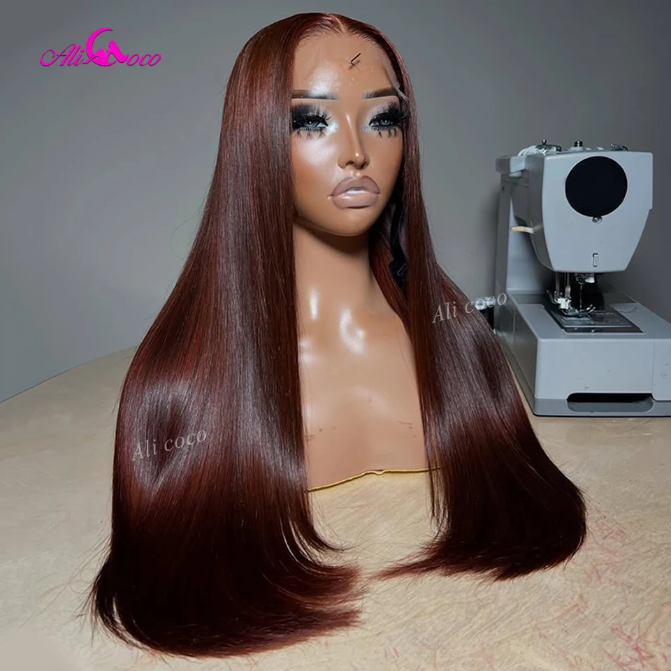 

Copper Brown 32 Inches Straight 180Density 5X5 Closure Pre Plucked Real Human Hair Wigs Brazilian Remy 13X6 Invisible Lace Front