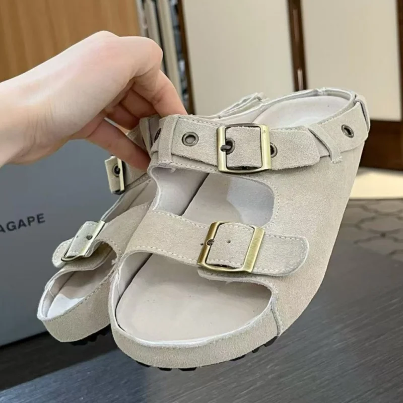 

Retro Belt Buckle Women Slippers Fashion All Match Casual Outdoor Chunky Heel Beach Shoes Female Runway Single Shoes Increasing