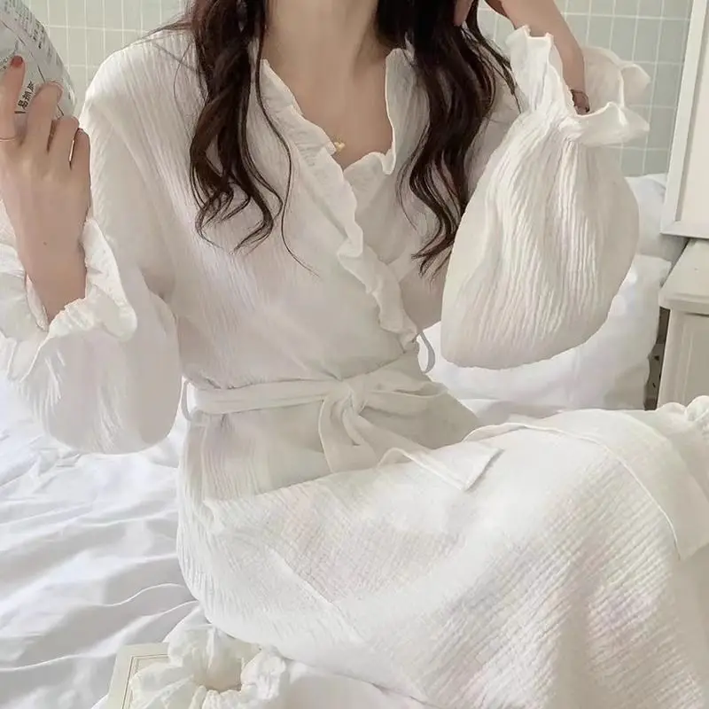 

Korean White Nightgown Girl's Spring Autumn Long Sleeves New Cute New Mid-length Home Clothes Sleepwear for Women Sexi Dresses