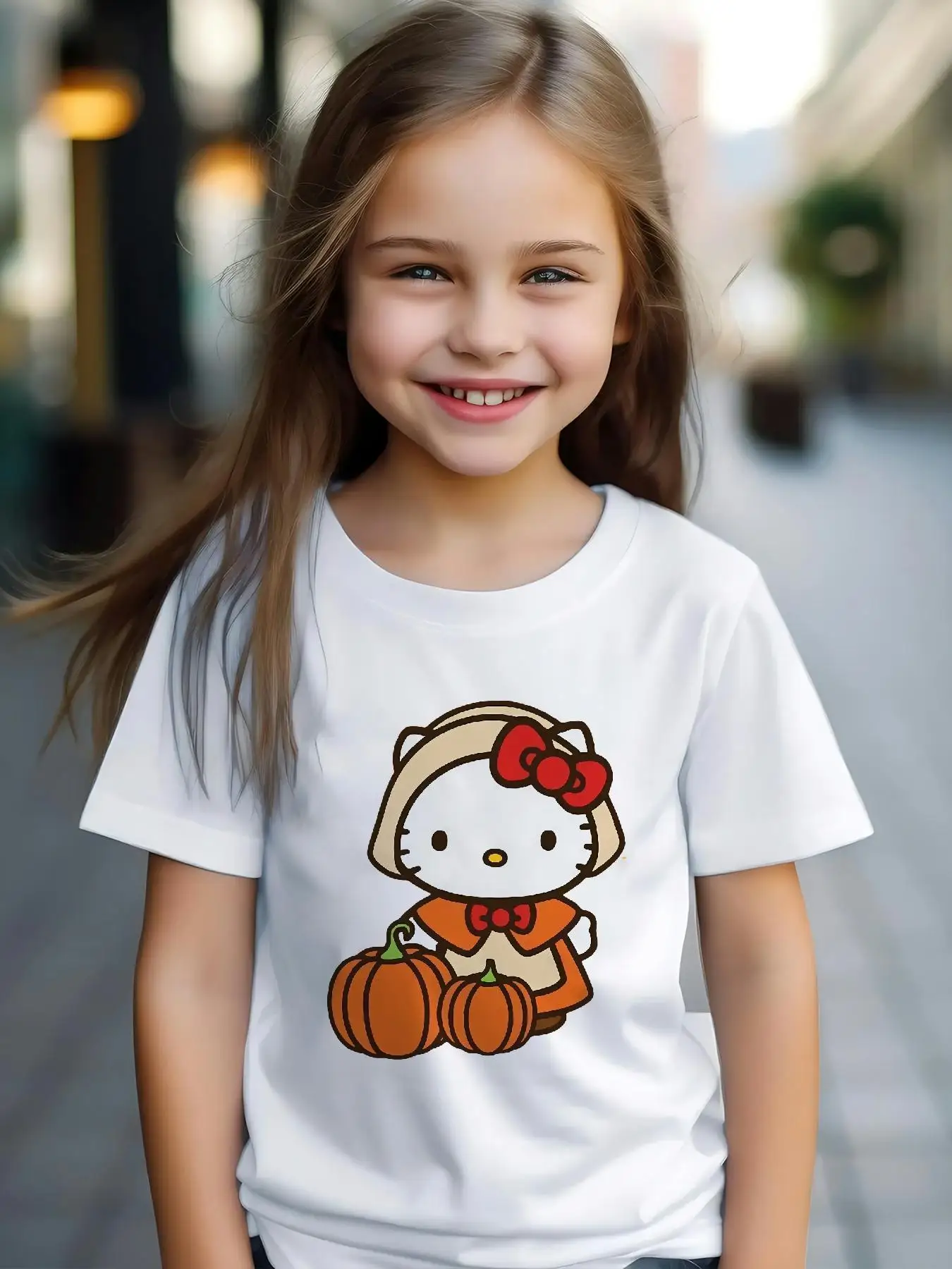 

Hello Kitty Girls Halloween T-shirt with pumpkin and autumn leaves pattern fall casual and playful print top Thanksgiving shirt