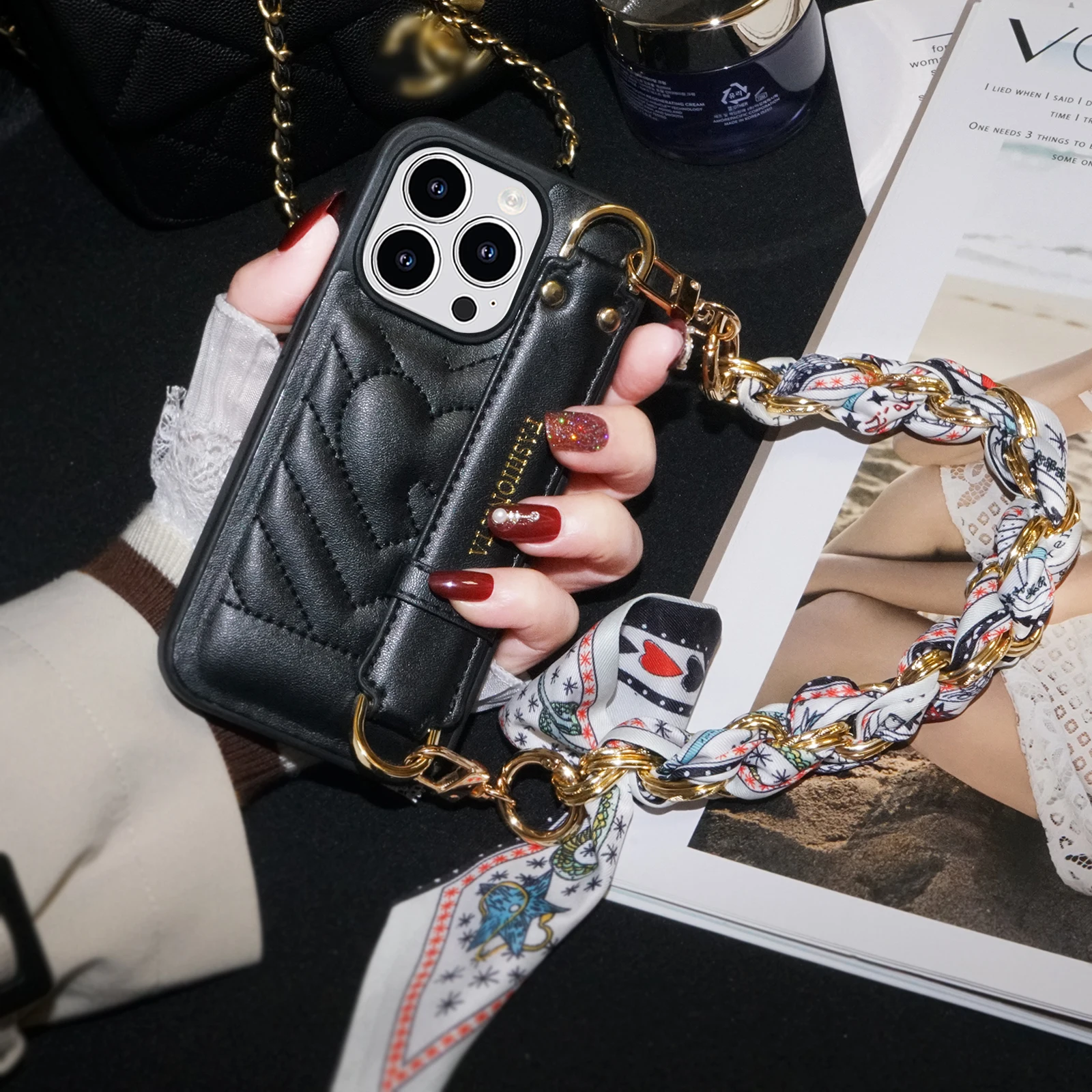 Luxury Leather Case for iPhone 15 14 13 12 11 Pro Max Silk Scarf Strap Love Wristband Stand Hook Microfiber velvet Super-fiber - Detail 1