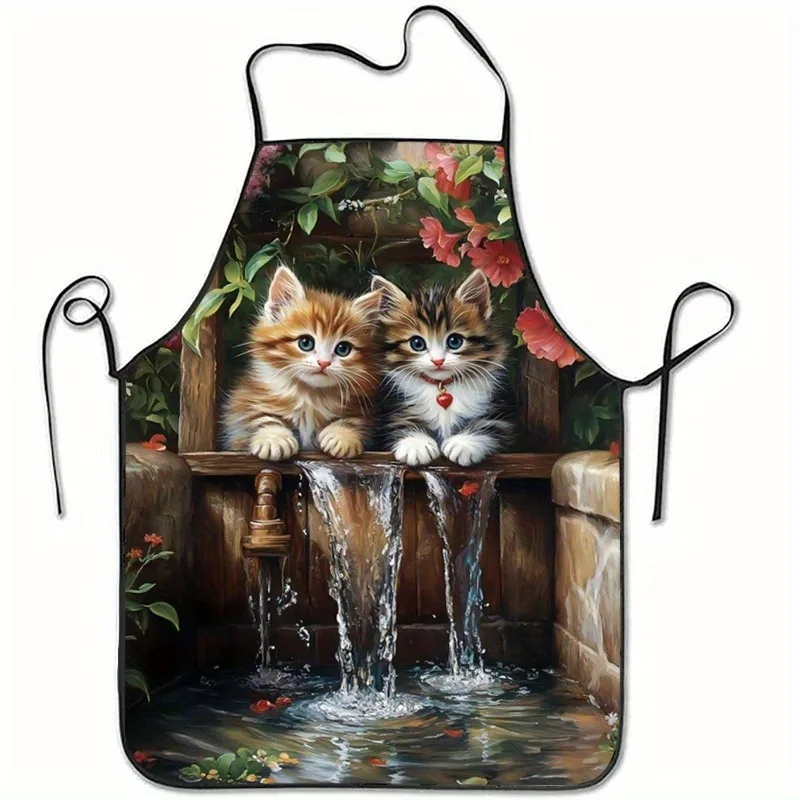 1pc Cute And Healing Themed Apron Featuring A Cat Viewing The Scene In Cute And Healing Style Cat By Well In An Adorable Aprons
