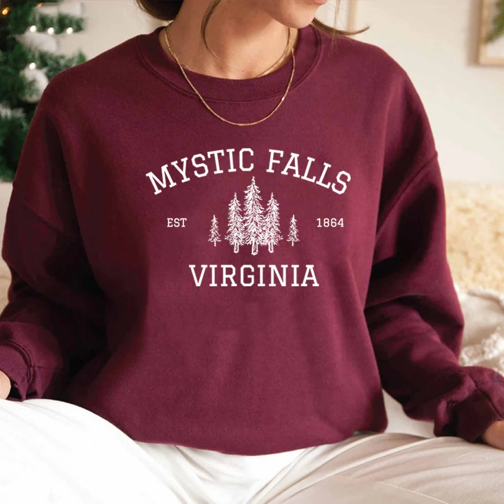 Sudadera con capucha de manga larga para hombre y mujer, suéter Unisex de manga larga con estampado de "Mystic Falls", ideal para regalo