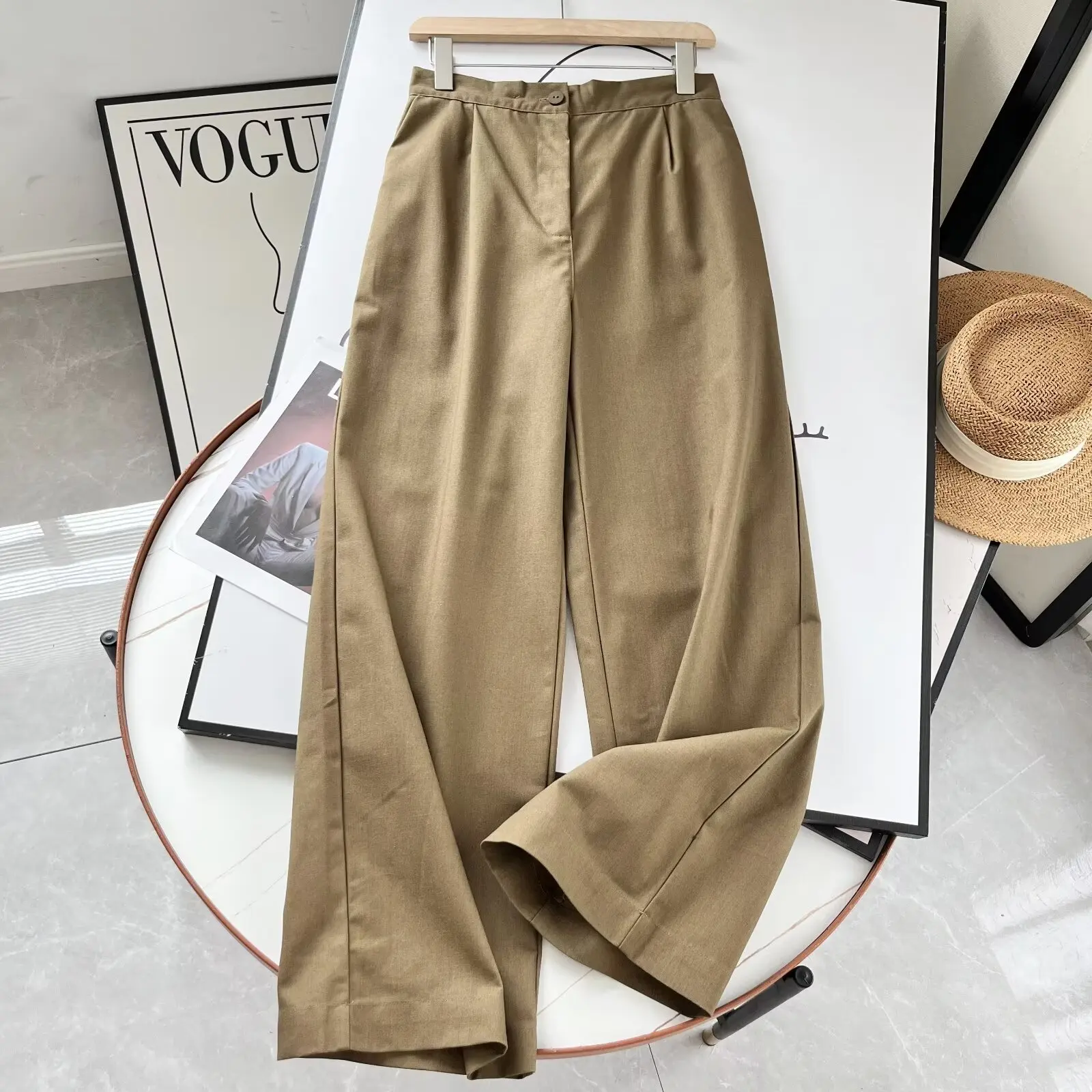 Tangada 2024 Women Khaki Cotton Linen Pants Trousers Pocket Female Suit Pants 6D060