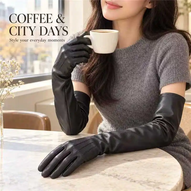 Elongated Finger Design Women's PU Fashion Gloves, Slim Fit Faux Leather Hand Gear For Driving And Everyday Outdoor Activities