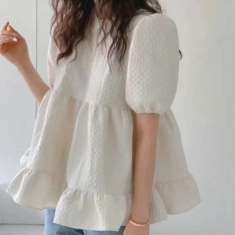 Chic Sweet Solid Puff Short Sleeve Blouse Women Solid Simple Ruffles Patchwork O-neck Shirts Japanese Casual Simple Blusa Mujer