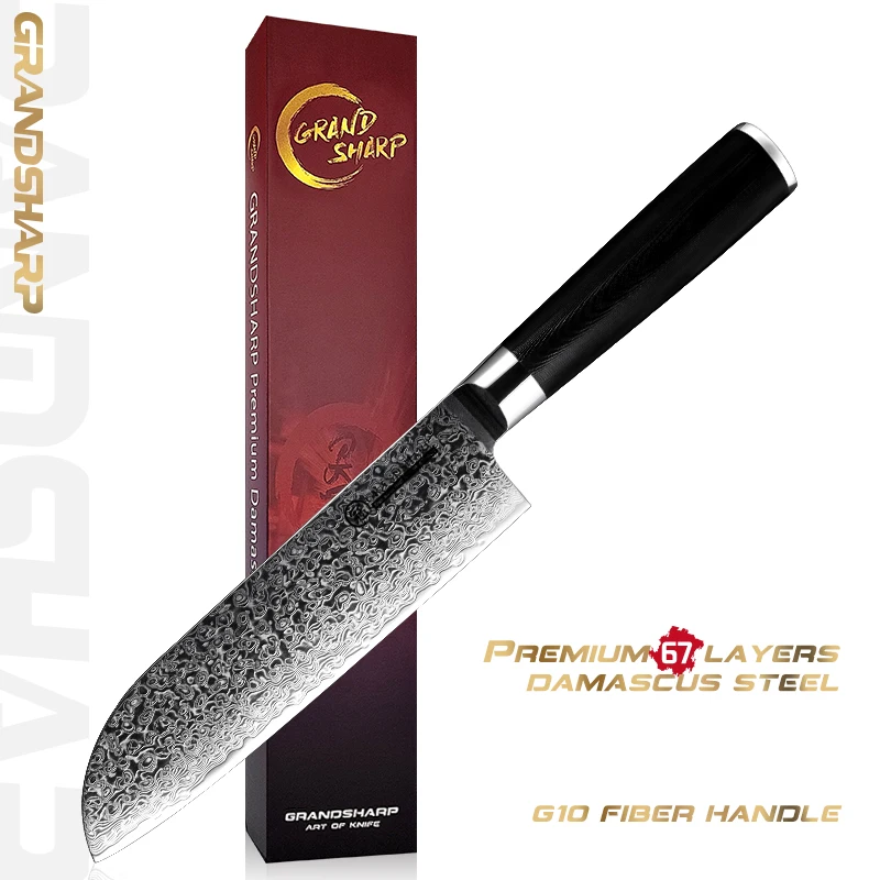 

Grandsharp 6.9 Inch Santoku Knife Damascus AUS-10 Steel Kitchen Knife Utility Butcher Carving Chef's Cooking Tools G10 Handle