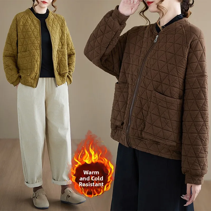 

Thiened Diamond Pattern Open Cardigan Top Loose Baseball Collar Women's Color Autumn Winter New Faion Casual Outerwear