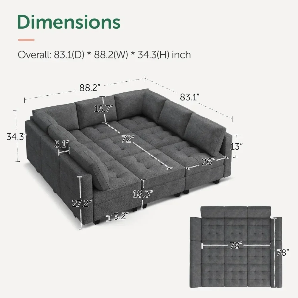 Modular Sectional Sofa with Reversible Chaise 9 Seater Sectional Sofa with Storage Modular Couch for Living Room Dark Grey