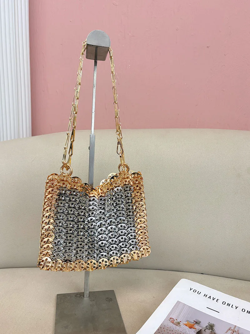 

Handmade Sheet Woven Bags for Women Handbags Designer Evening Bags Metallic Sequined Crossbody Bag Luxury Golden Shoulder Bag