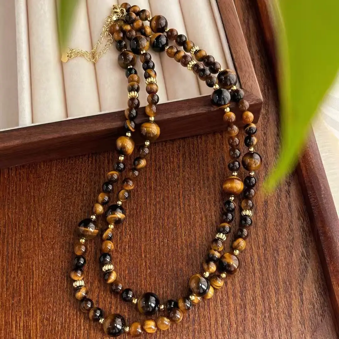 Tiger Eye Starlight Choker, Natural Golden Brown Stone Beads with Scattered Accent Design, Collarbone Jewelry for Her Gift