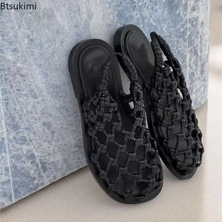 New Fashion Women's Summer Weaving Hollow Out Flat Heels Leather Fishnet Slippers Elegant Comfortable Casual Dress Mules Sandals view 3