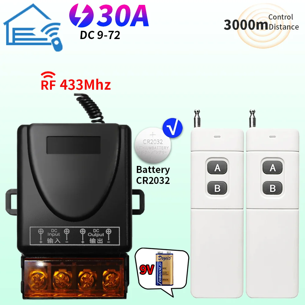 Wireless remote control circuit breaker RF 433MHz DC 9-72V 30A converter, DC 12V on/off button, for water pump motor, with LED l