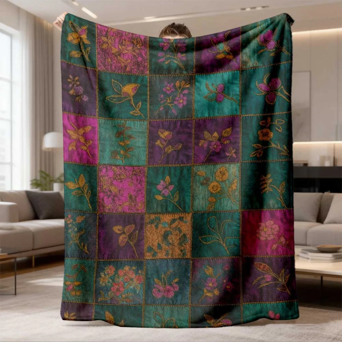 Vintage Emerald Purple Floral Patchwork Grid Print Flannel Throw Blanket, Soft Warm Sofa Cover, Dark Cottage Bedroom Gift