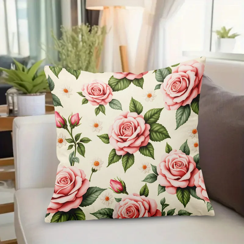 Rose and Daisy Floral Double-Sided Pillowcase, Mixed Flower Bouquet Cushion Cover with Zipper, Washable Decor Case