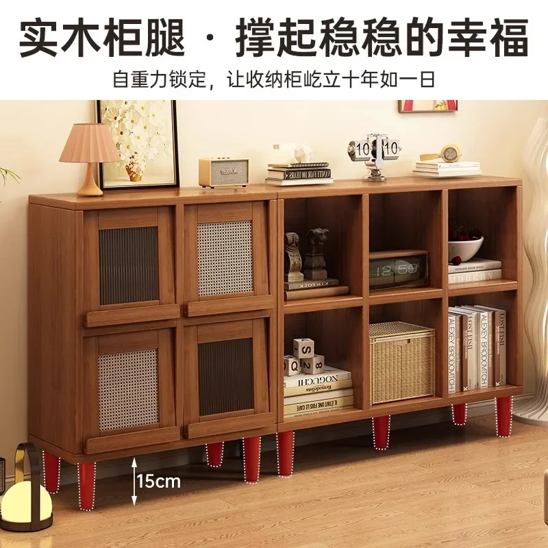 Solid wood core bookshelf integrated wall floor shelf walnut lattice cabinet living room storage cabinet
