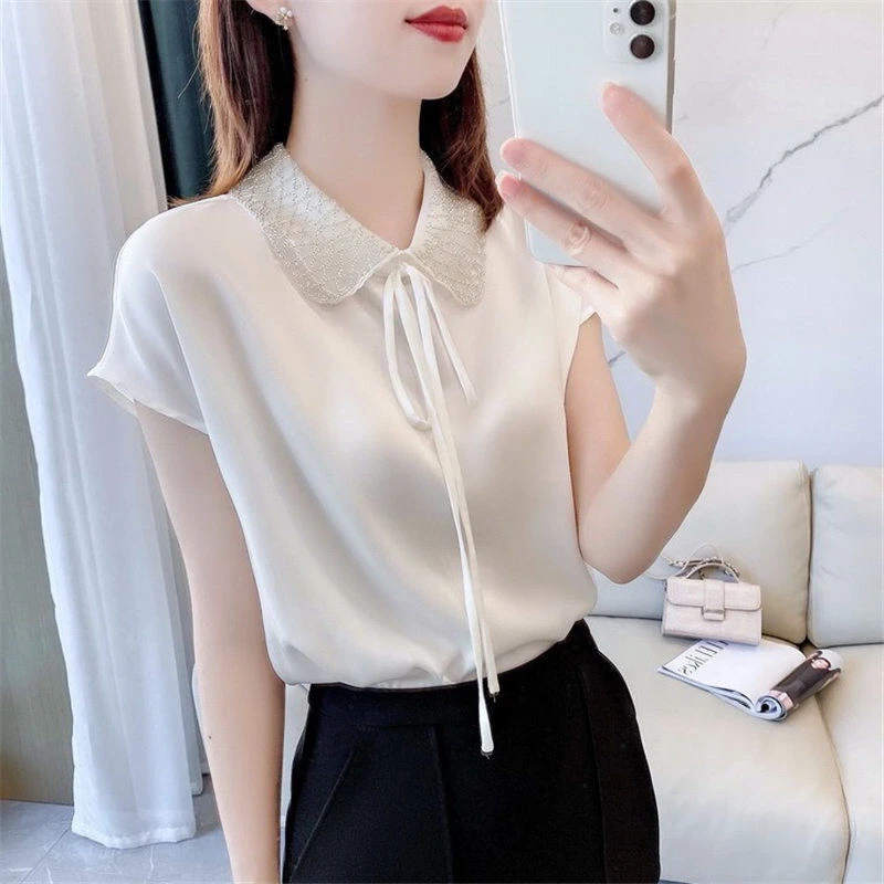 

Summer New Lace Patchwork Bandage Satin Shirt Y2k Short Sleeve Solid Elegant Fashion All-match Blouse Female Clothes Top Women