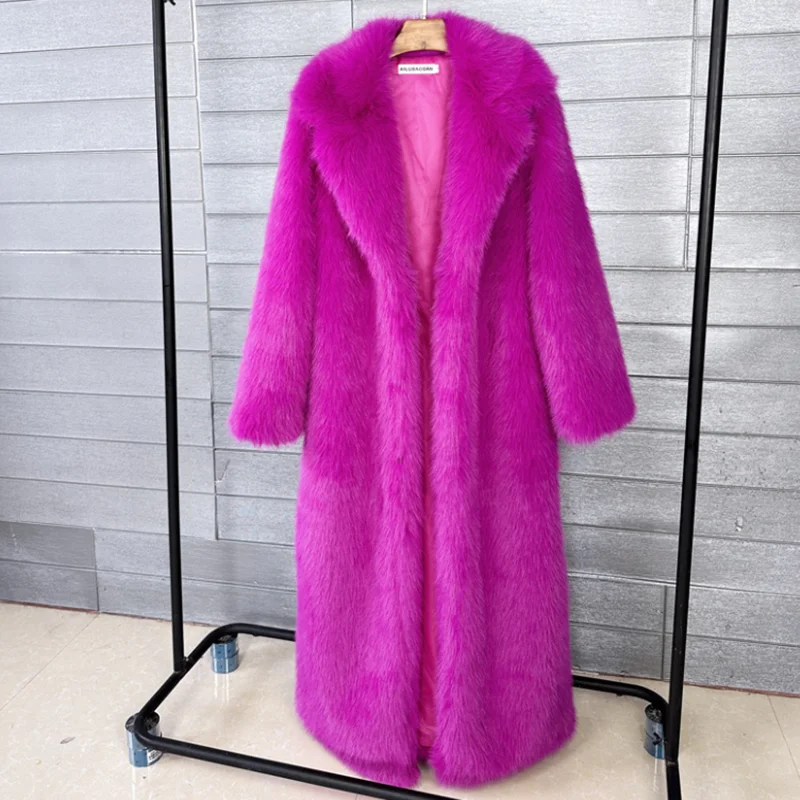 女性用のふわふわのフェイクファーコート,冬用ジャケット,超ロング,ホワイト,ラペル,厚手のアウター,130cm