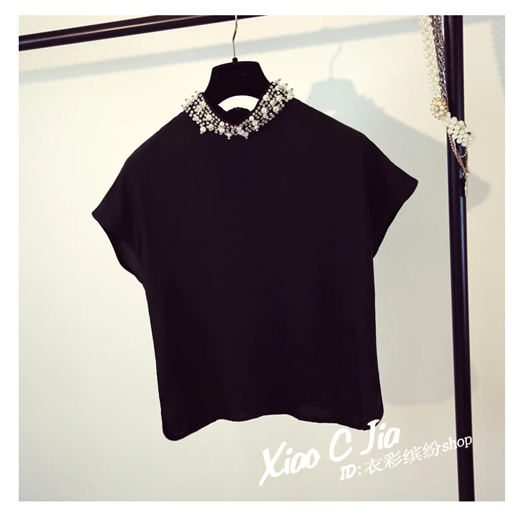 Luxury Beads Stand Collar Chiffon Blouse Rhinestone Pearl Short Sleeve Solid Color Korean Elegant Summer Women Shirt Tops