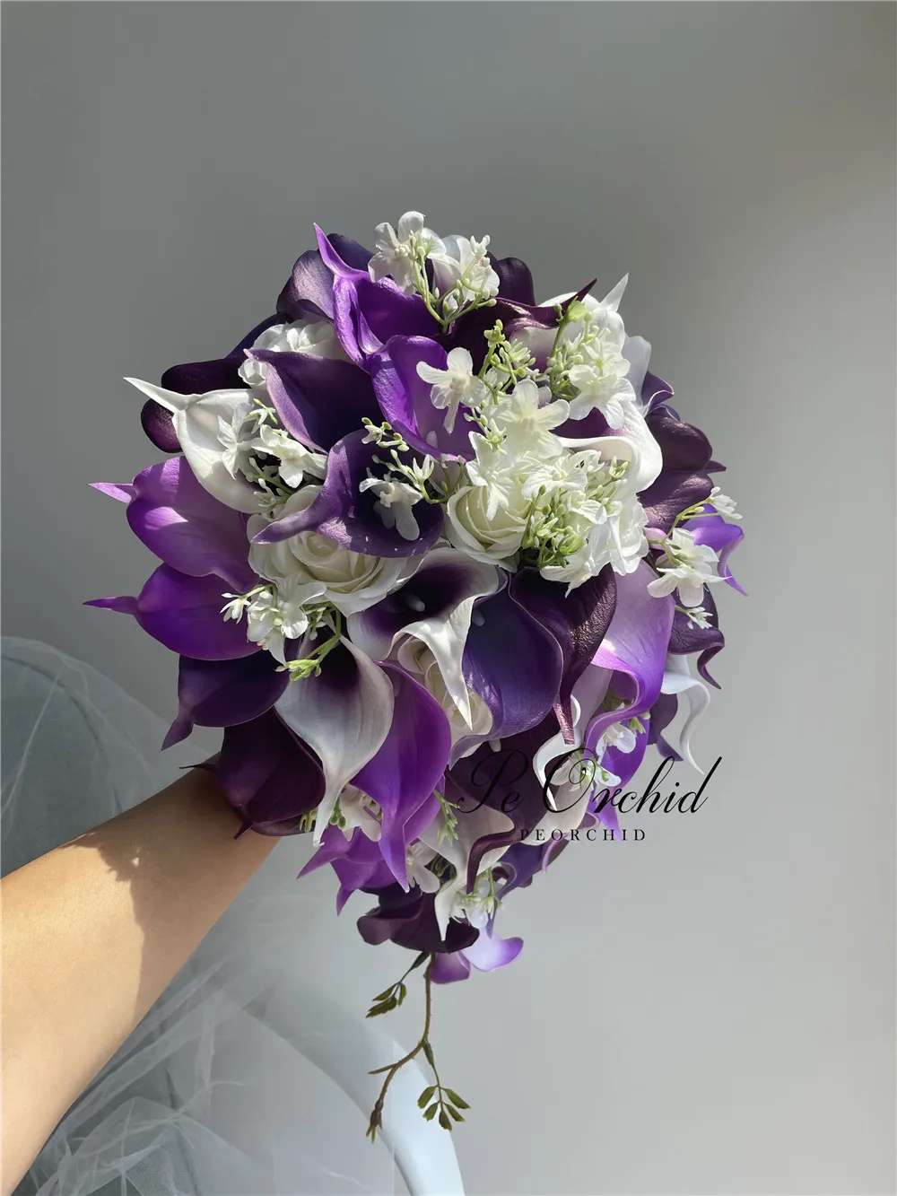 PEORCHID Ramo De Cascada Tím Hoa Cà Cô Dâu Hoa Bó Calla Lilly Nhân Tạo Hoa Hồng Cưới Hoa Thác Nước