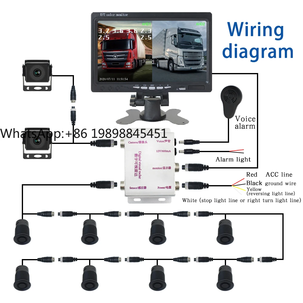 

7 Inch Display 2CH Rear View Camera System for Truck Camera With Digital Parking Sensor 1080 Camera System Car Reversing Aid