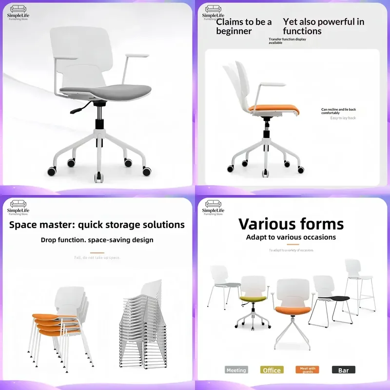 Cadeira de Escritório Ergonômica Plástica Giratória com Assento Curvo, Encosto Aberto e Braço Fixo – Mobiliário Moderno para Casa e Estudo