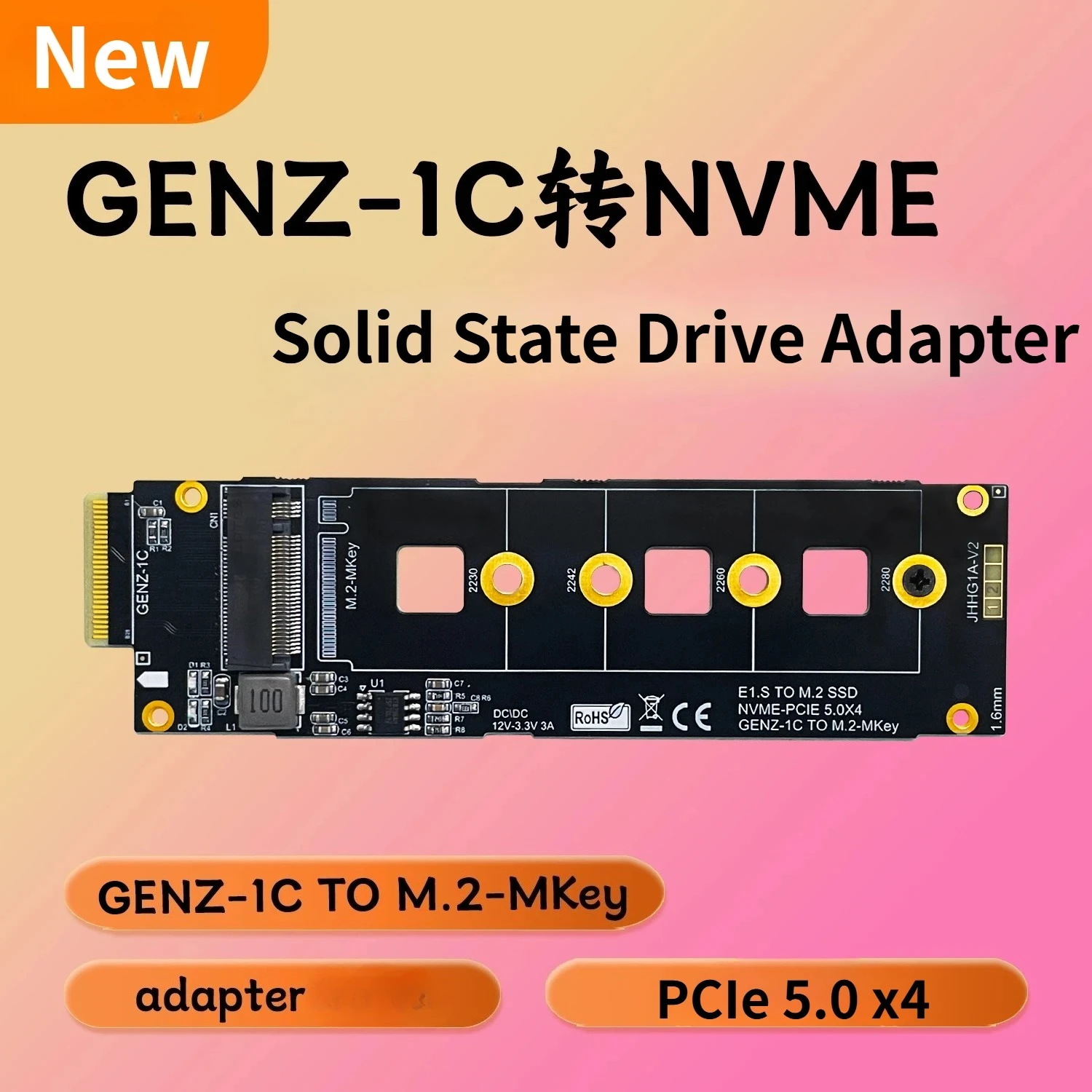 GENZ-1C to M.2-MKEY NVMe Adapter Card PCIE 5.0 x4 EDSFF GENZ-1C Slot Convert to M2 NVMe 2230-2280 SSD Expansion Card for Desktop