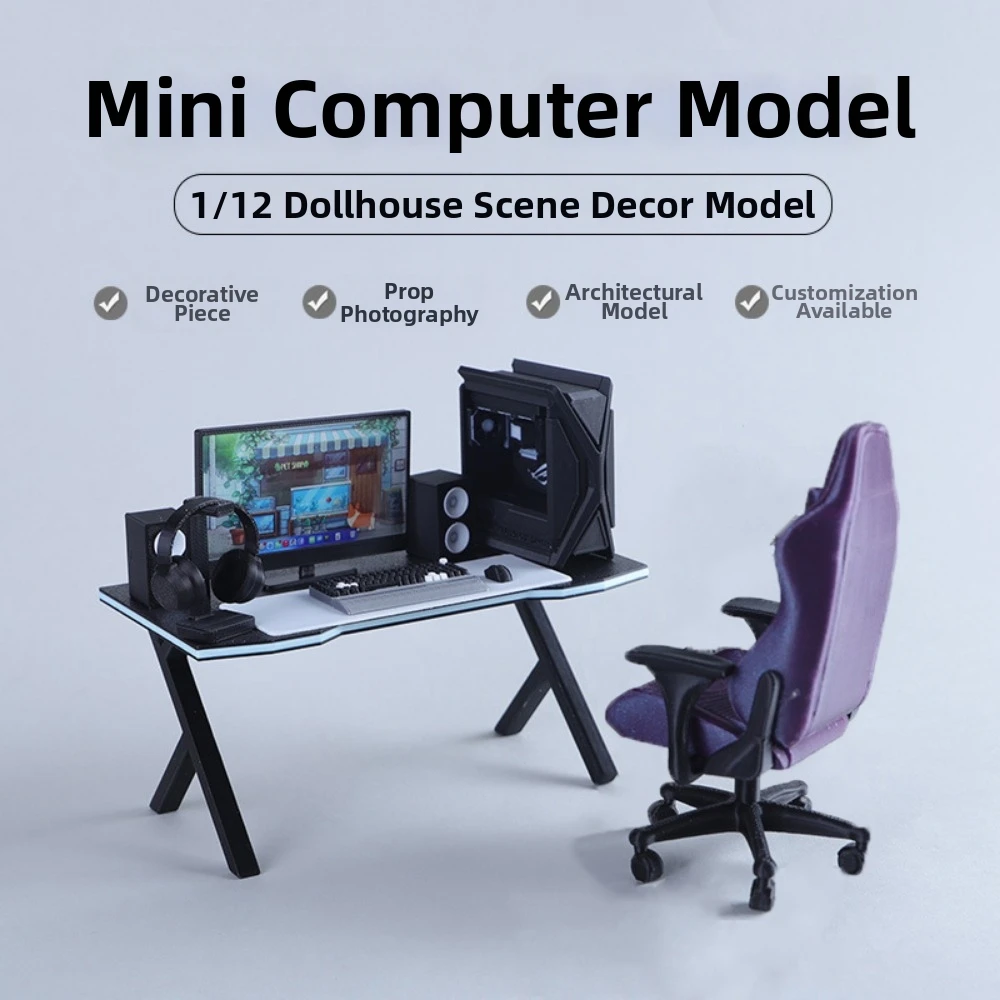 

Компьютер для кукольного домика 1/12, 10 стилей, пластиковый, для киберспортивных игр, миниатюрный, с мебелью и декором: стол и стул