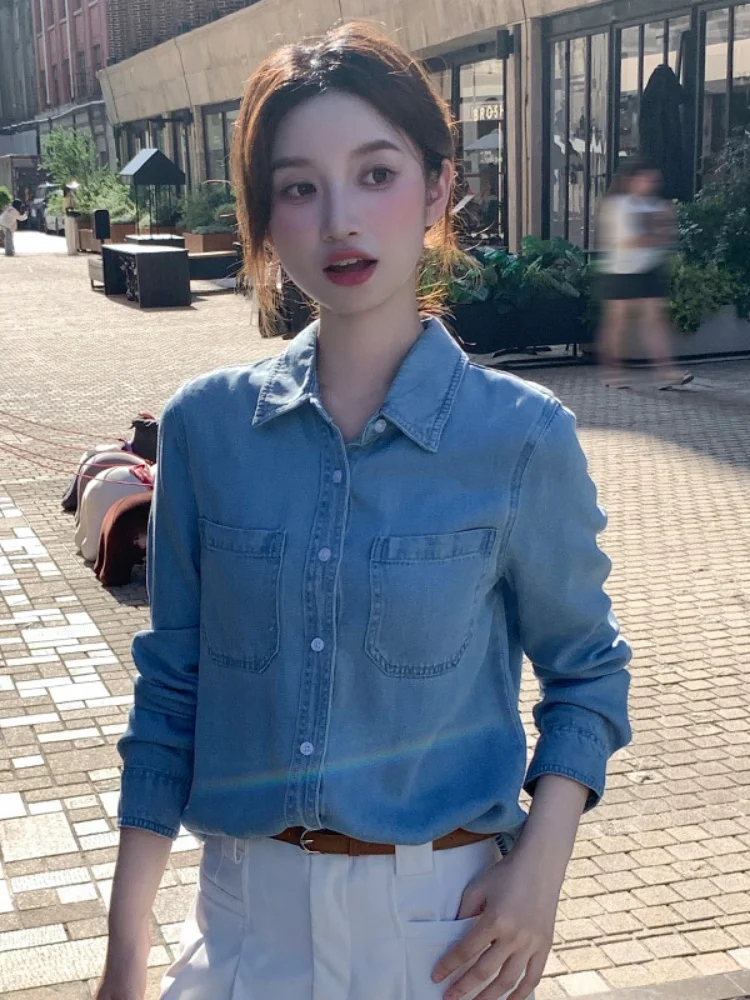 Haut Long en Denim bleu rétro pour femmes, vêtement d'extérieur superposé, coréen, coupe droite, détail de boutons, printemps automne hiver