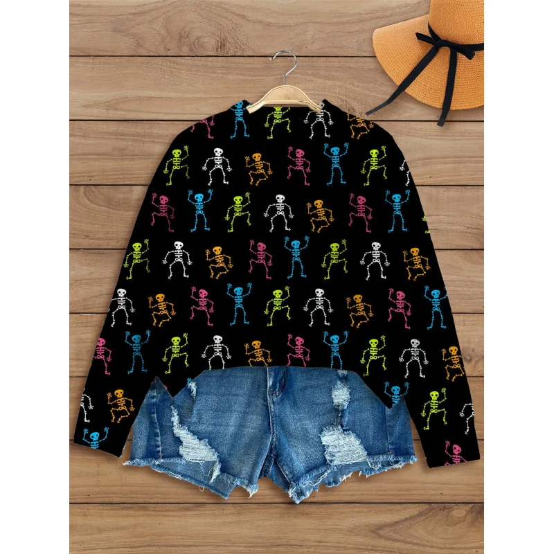 

Halloween Dancing Skeleton Digital Print Women Sweater Knit Pullover Warm Soft Loose Crew Neck Long Sleeve Autumn Winter Casual