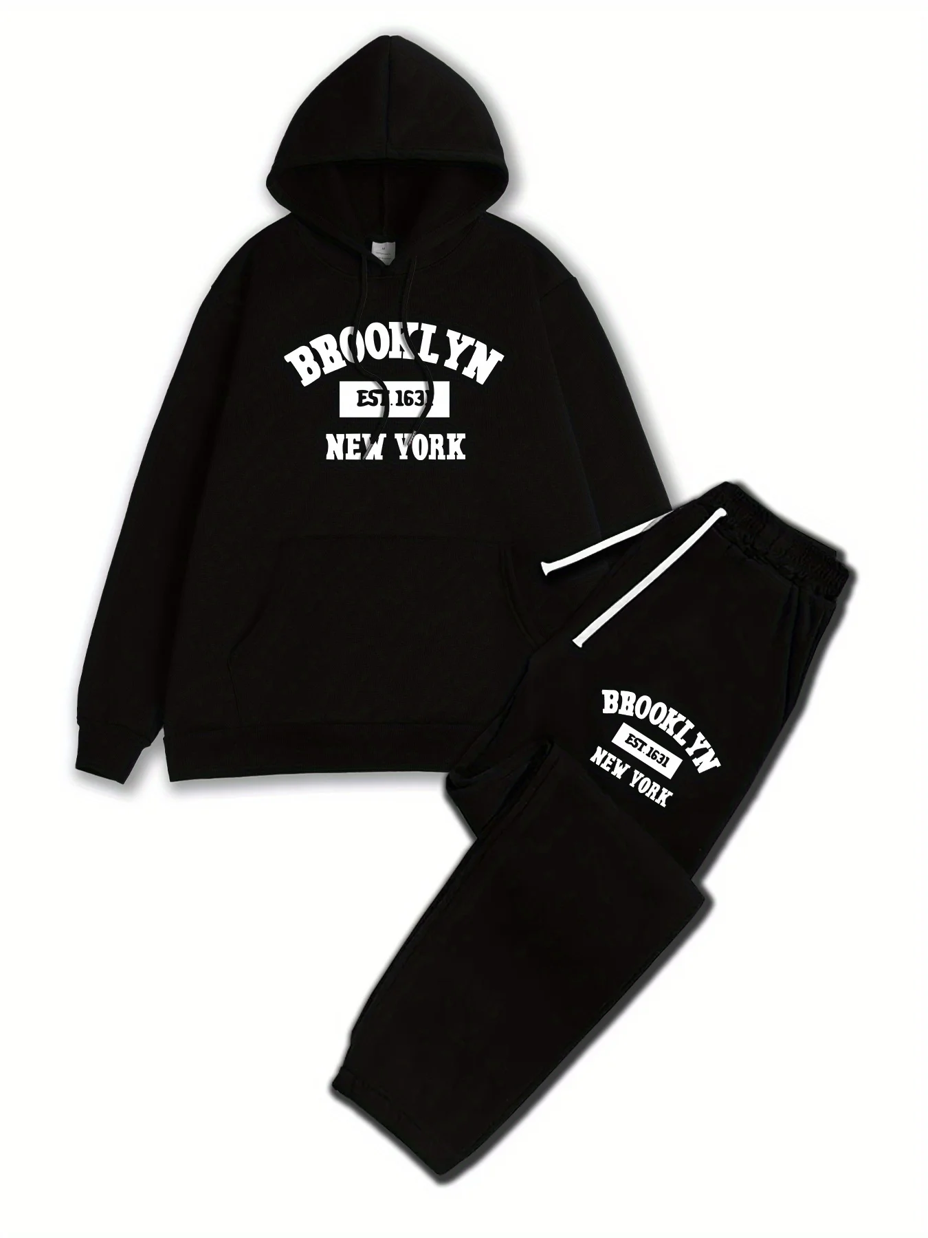 BROOKLYN 1631 NEW YORK Print 2pcs Comfortable Trendy Kangaroo Pocket Hoodie Cool  Simple Pants Se Comfy Street Fashion for Fall