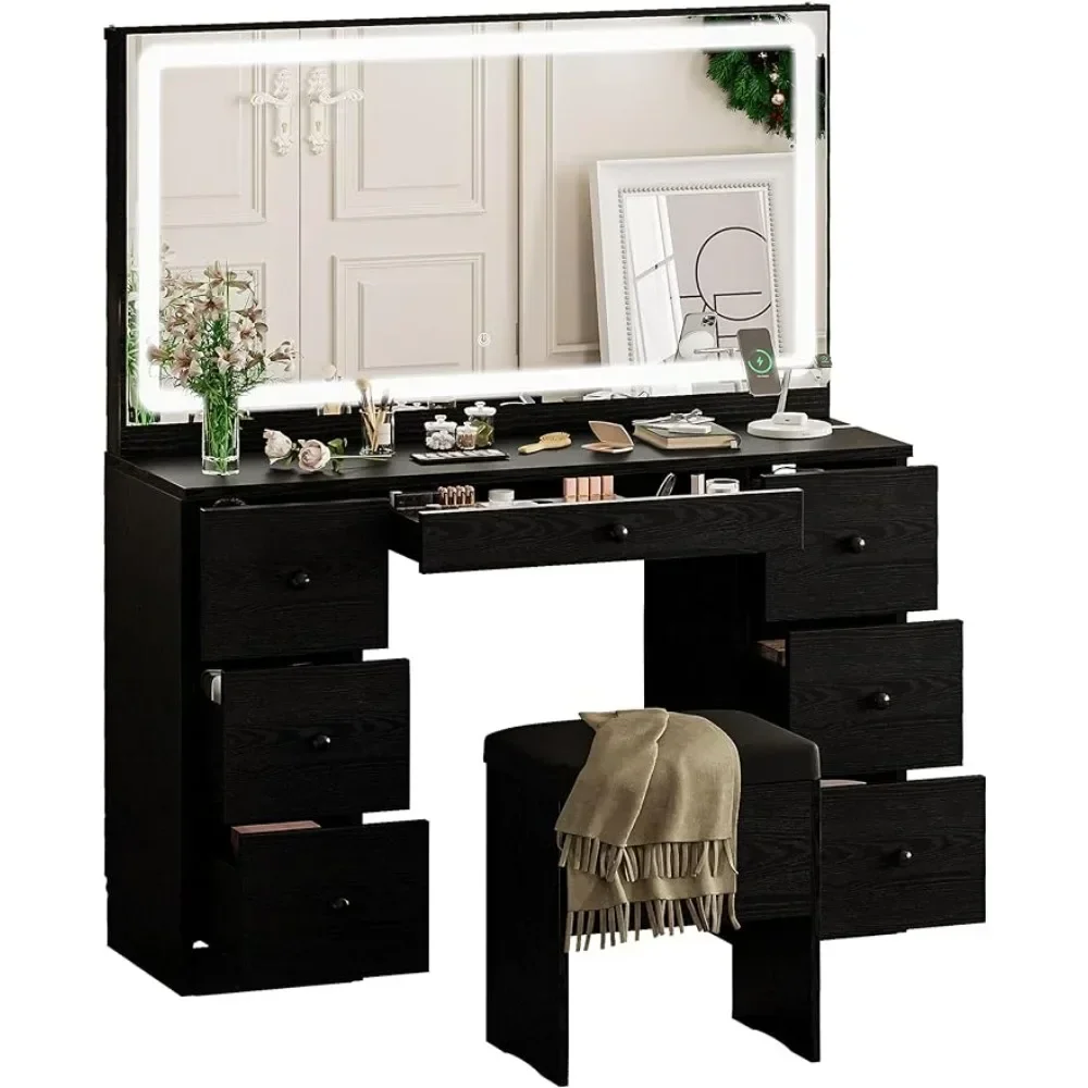 

Vanity Makeup Desk Set With LED Lighted Mirror & Power Outlet Dressing Tables for the Bedroom Hairstyle Black Freight Free Table