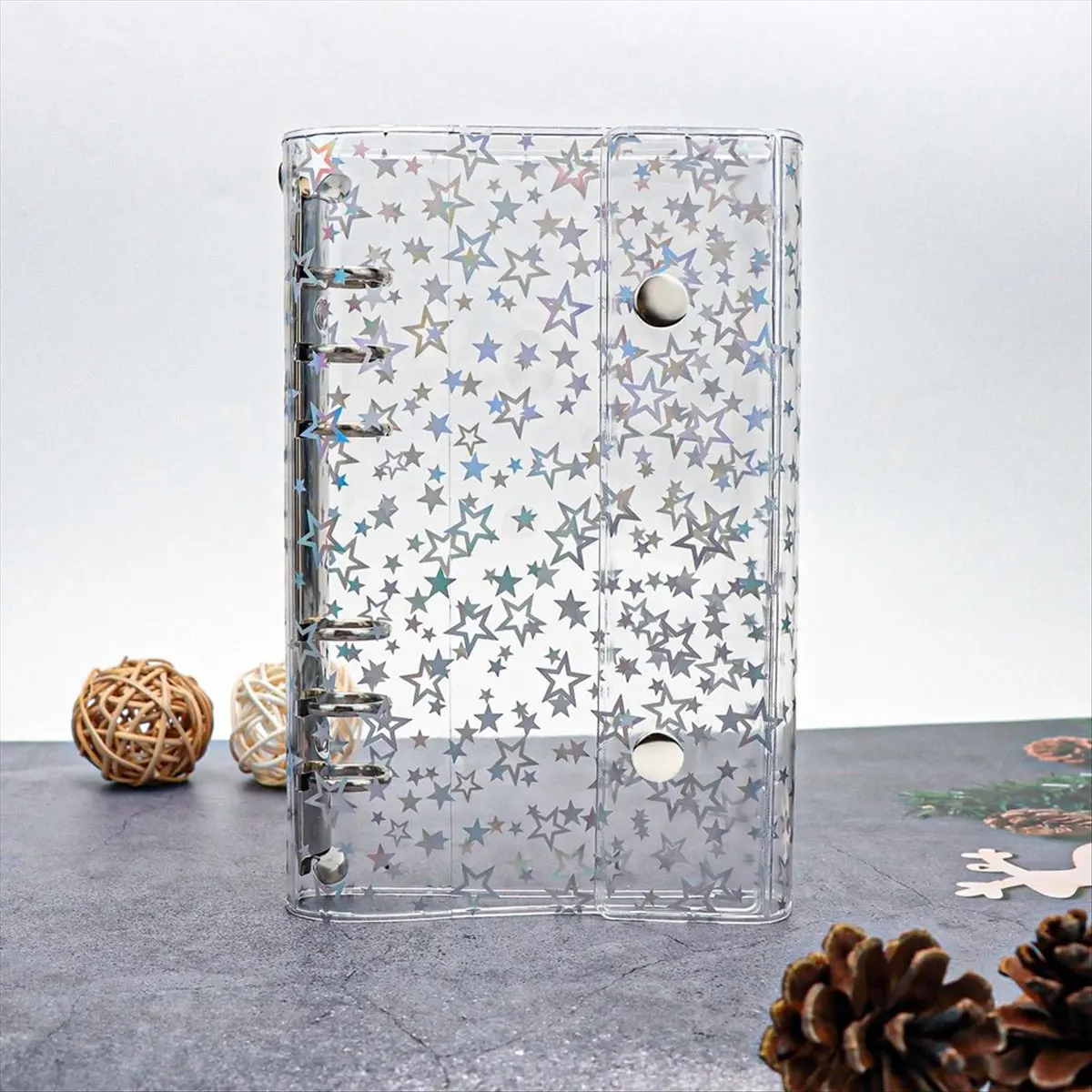 【Best Seller】A6 Budget Binder Cover Clear PVC 6 Ring Binder Glitter Star Refillable Notebook Shell Protector with 2 Snaps