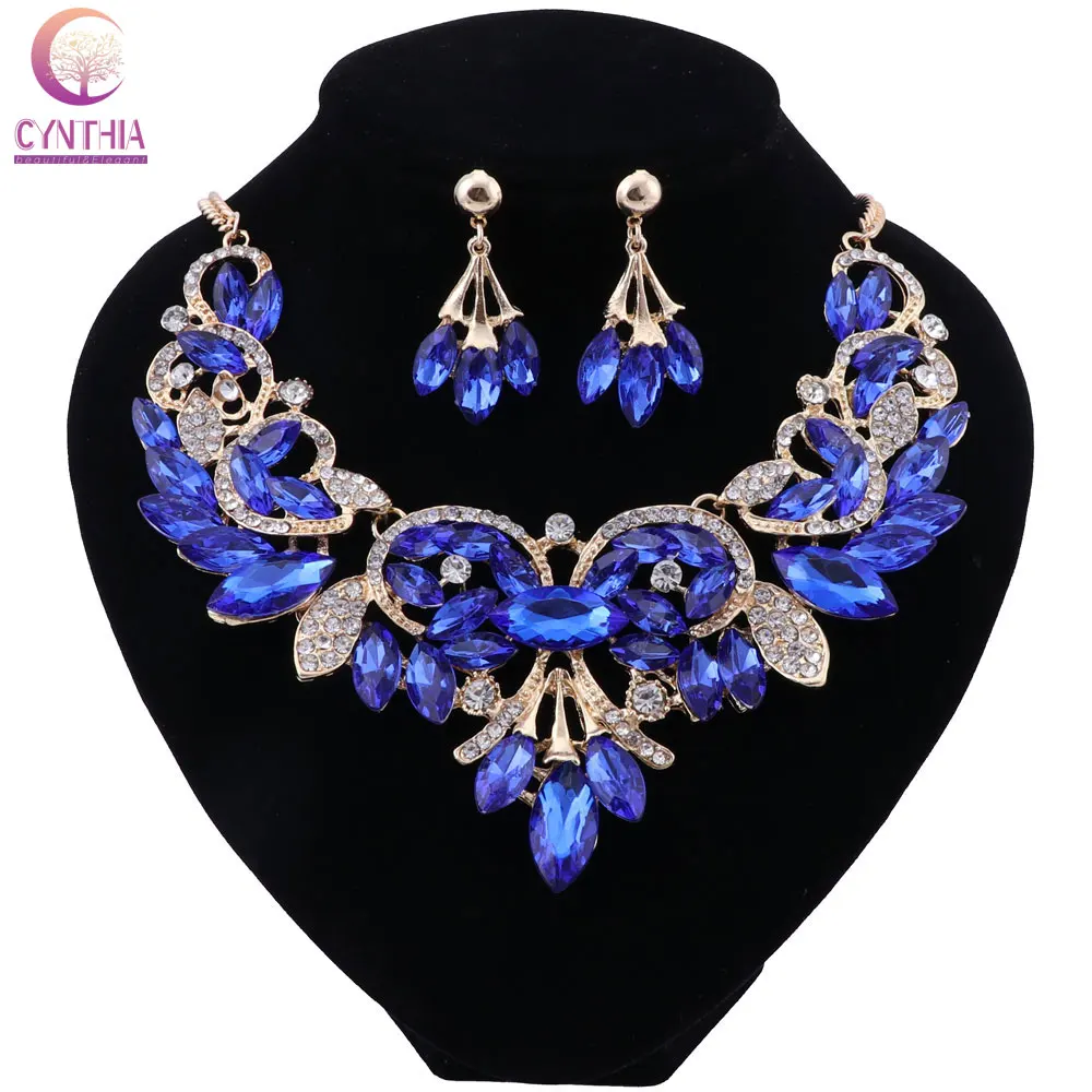 CYNTHIA Fashion Blue Crystal Necklace Earrings Set Bridal Jewelry Sets for Brides Wedding Party Costume Jewellery Set