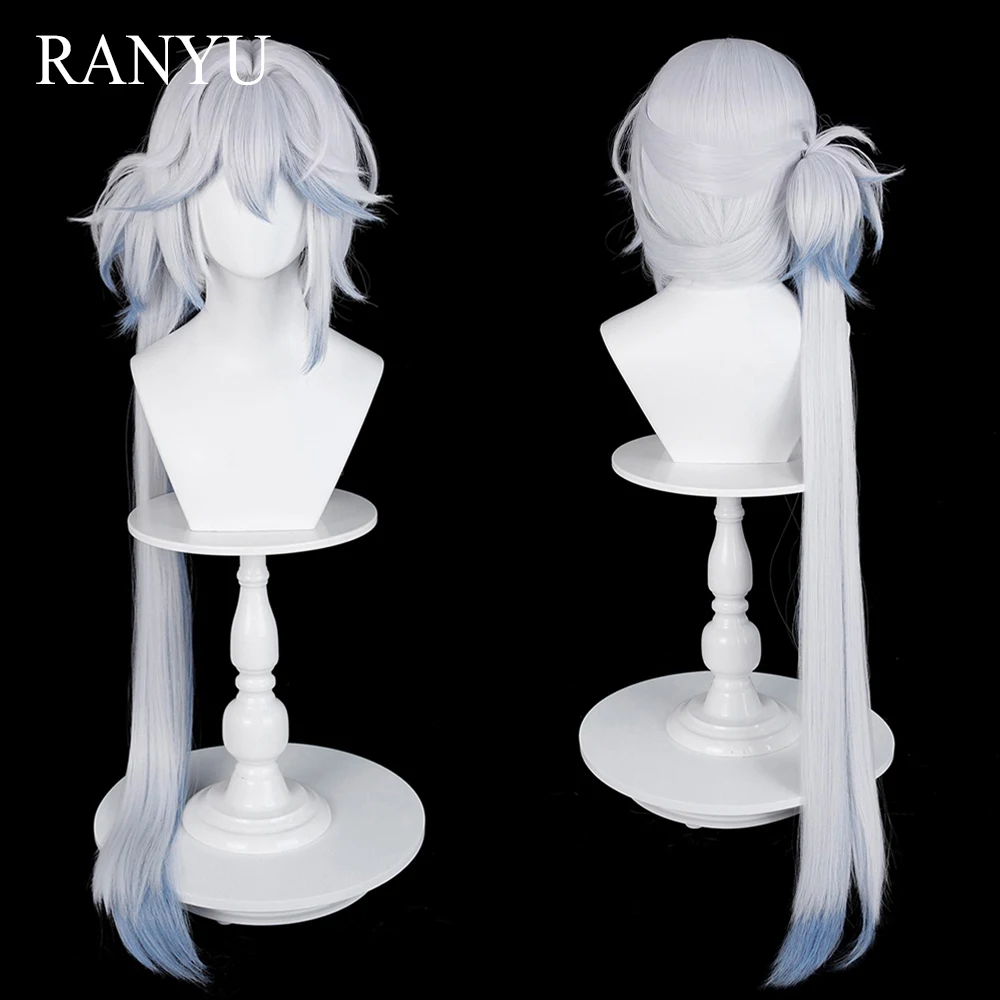 Short Straight White Ombre Blue Synthetic Wigs with Long Ponytail Clip Anime Game Cosplay Fluffy Wig for Daily Party