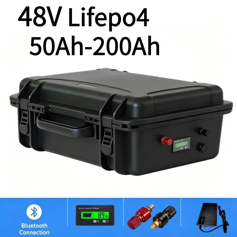 48V Waterproof LiFePO4 Battery 50Ah~200Ah With Charger Built-in BMS For Golf Cart Boat Trolling Motor Solar Energy Storage