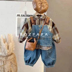 Kids Boys Autumn Set 2024 New Children's Strap Pants Denim Vest Shirt 3-piece Set Baby Casual Clothing Set