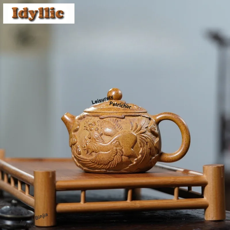 

250 мл винтажные чайники Исин из фиолетовой глины, горшок ручной работы с драконом Фениксом, грязевой чайник с ситечком, чайный сервиз Zisha, подарок