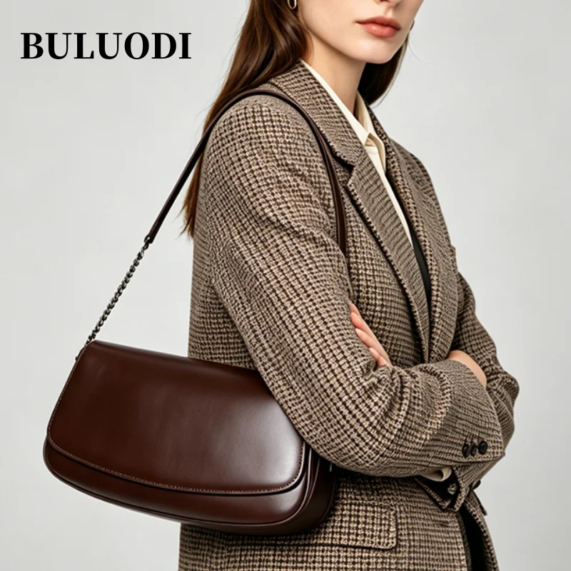 

Women's Genuine Leather Minimalist Ladies Fashion retro design Flap Shoulder Bag With Chain Strap Crossbody Bag For Work Travel