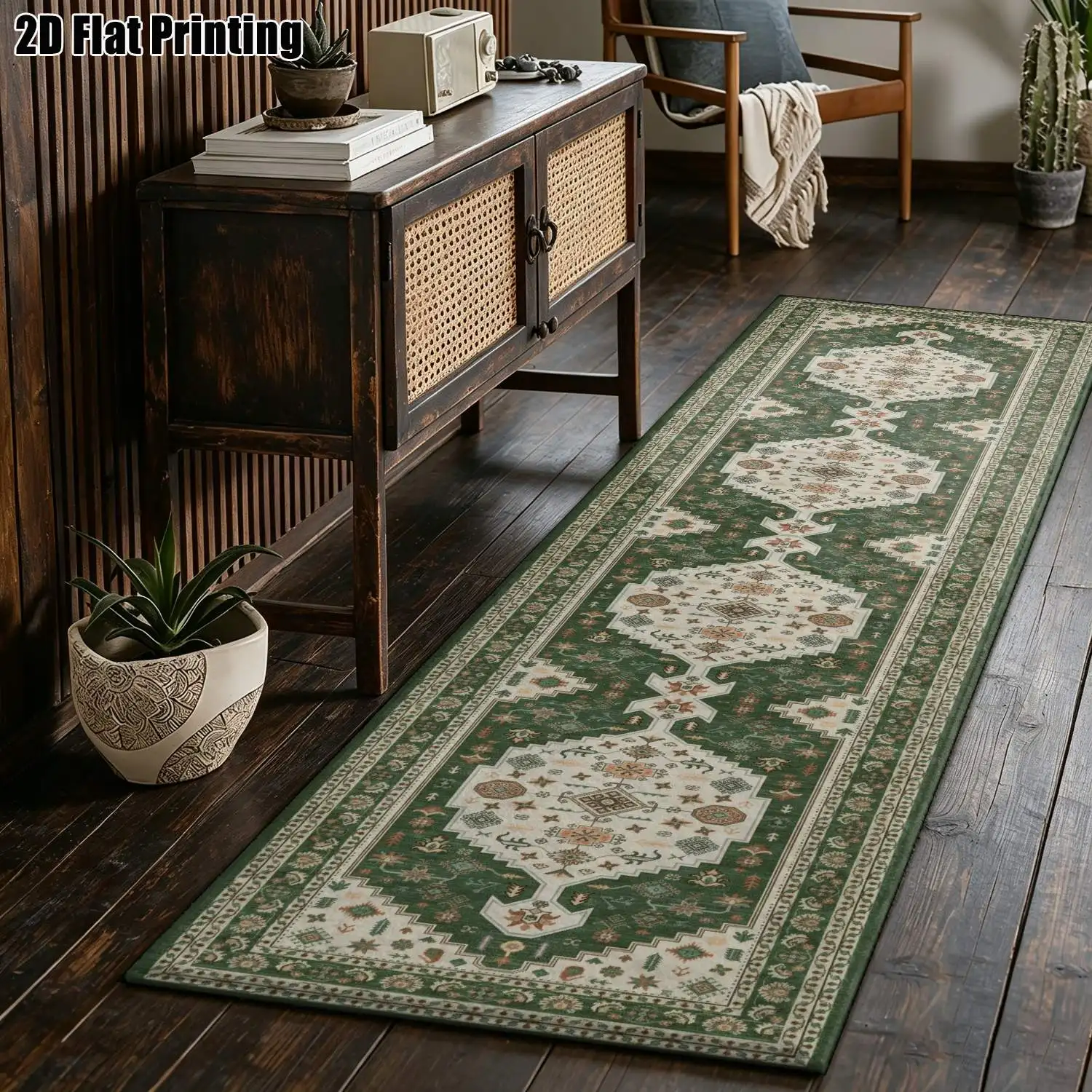 1Pc 2D Printed Long Strip Rug: Green Retro Floral, European, Retro, Geometric Striped, Bohemian Styles Multi-Size, Machine-Washable Home Decor for Entrance, Corridor, Living Room, Bedroom.
