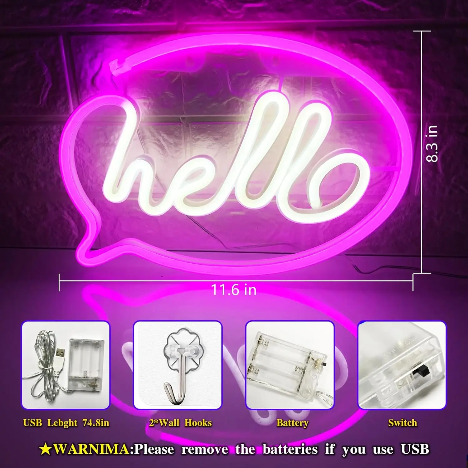 HELLO Pink+White Neon Sign Neon Wall Decoration LED Neon Logo Night Light Christmas Party Wedding Children\'s Room