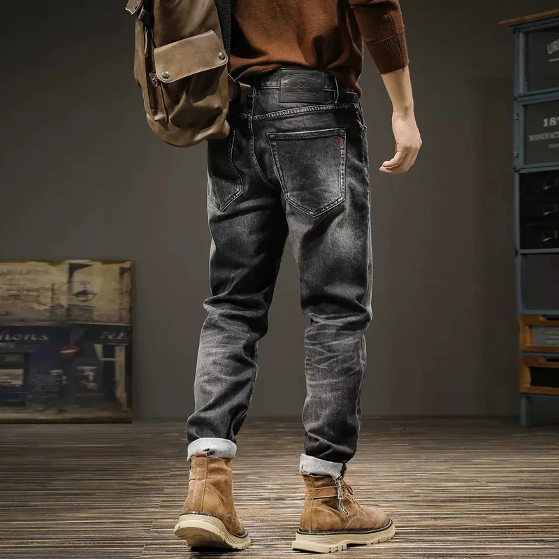 Streetwear Fashion Men Jeans Retro Black Gray Stretch Slim Fit Ripped Jeans Men High Quality Vintage Designer Denim Pants Hombre
