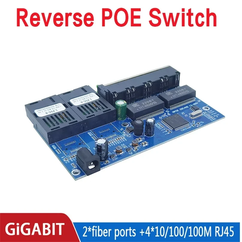 Reverse POE switch 4RJ45 2 fiber 2F4GE Gigabit Ethernet switch media converter Fiber Optical UTP Port 10/100/1000M PCBA